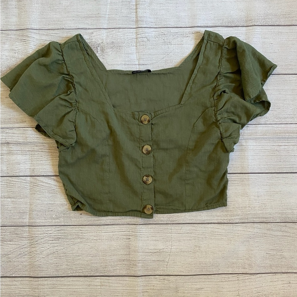 Cotton On Olive Green Button-Up Crop Flutter Sleeve Top - Picture 6 of 6